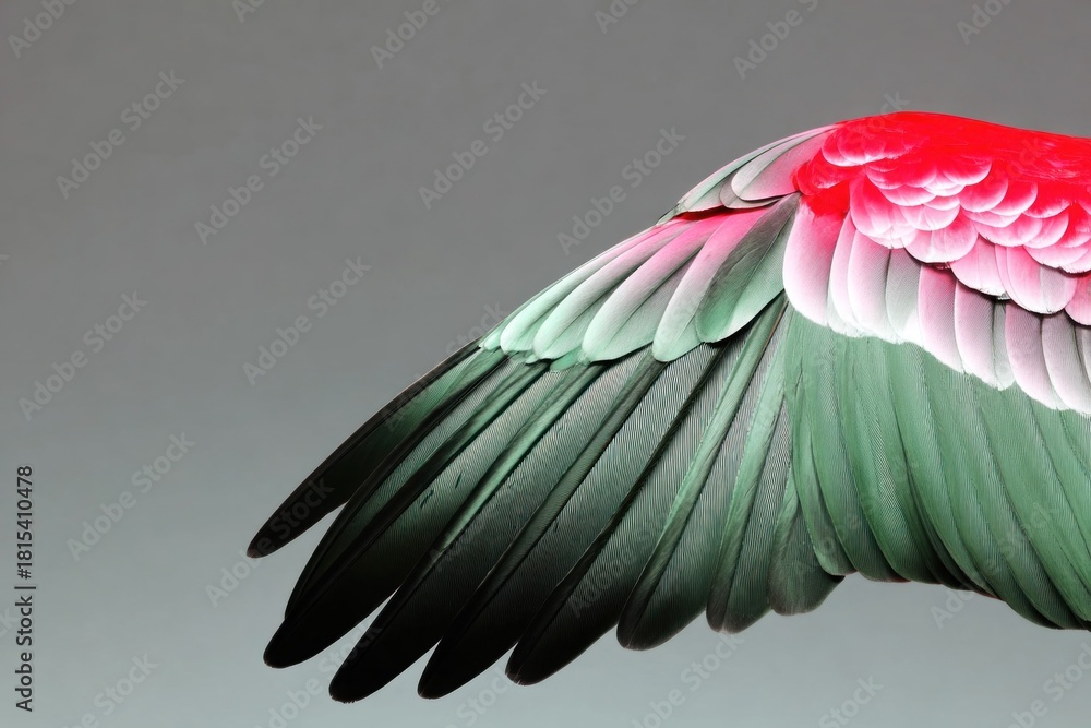 Fototapeta premium Closeup of a Bird's Wing with Pink Green and Black Feathers