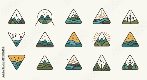 Triangular landscape emblems featuring mountains, waves, trees, sunrises, sunsets, and moonlit skies in a clean minimalist vector style ideal for nature design projects