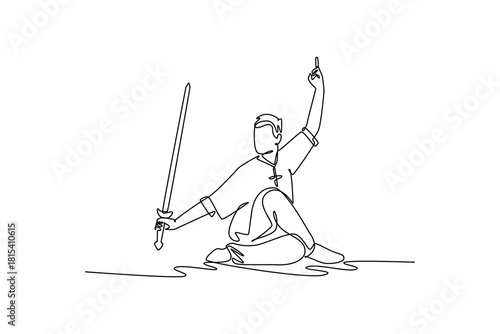 Continuous one line drawing man Wushu athlete sitting low on ground in cross-legged stance, holding sword up. Precision, balance, discipline form. Single line draw design vector graphic illustration