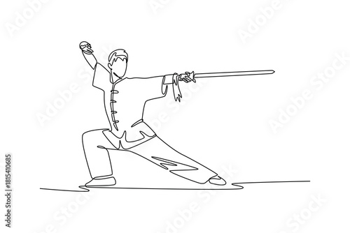 Continuous one line drawing active man Wushu athlete poised in deep bow stance, holding sword extended forward. Power, focus, and disciplined form. Single line draw design vector graphic illustration