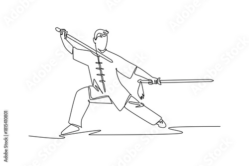 Single continuous line drawing man Wushu athlete poised in dynamic bow stance, wielding twin swords in defensive and offensive guard. Power discipline. One line draw graphic design vector illustration