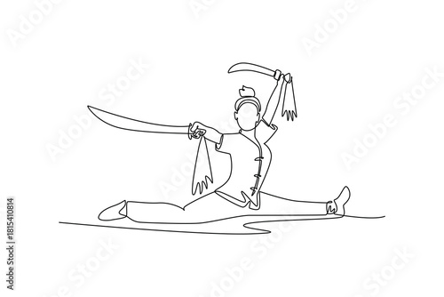 Single continuous line drawing woman Wushu athlete performing full split while wielding twin swords. Complex flexibility, balance, and discipline form. One line draw graphic design vector illustration