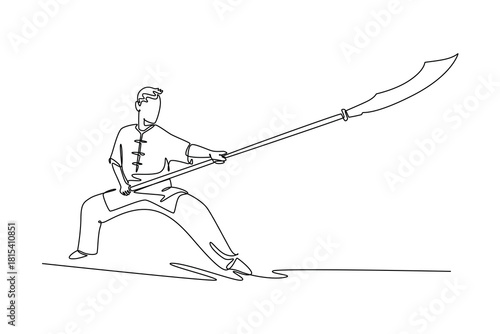 Single continuous line drawing man Wushu athlete poised in deep horse stance, holding long guandao in powerful forward thrust. Discipline and strength. One line draw graphic design vector illustration