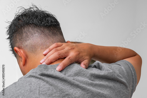 Neck pain from muscle fatigue or poor posture—highlighting cervical strain, tendon tension, and spine discomfort. Ideal for medical ads with copy space.