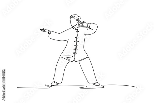 Single one line drawing woman Wushu athlete in low, stable stance, performing defensive block with one hand and striking with the other. Modern continuous line draw design graphic vector illustration