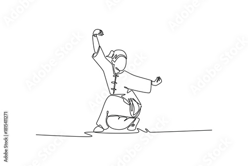 Single one line drawing woman Wushu athlete poised in low, deep crouch with arm raised in defensive guard. Power, balance, and disciplined form. Continuous line draw design graphic vector illustration