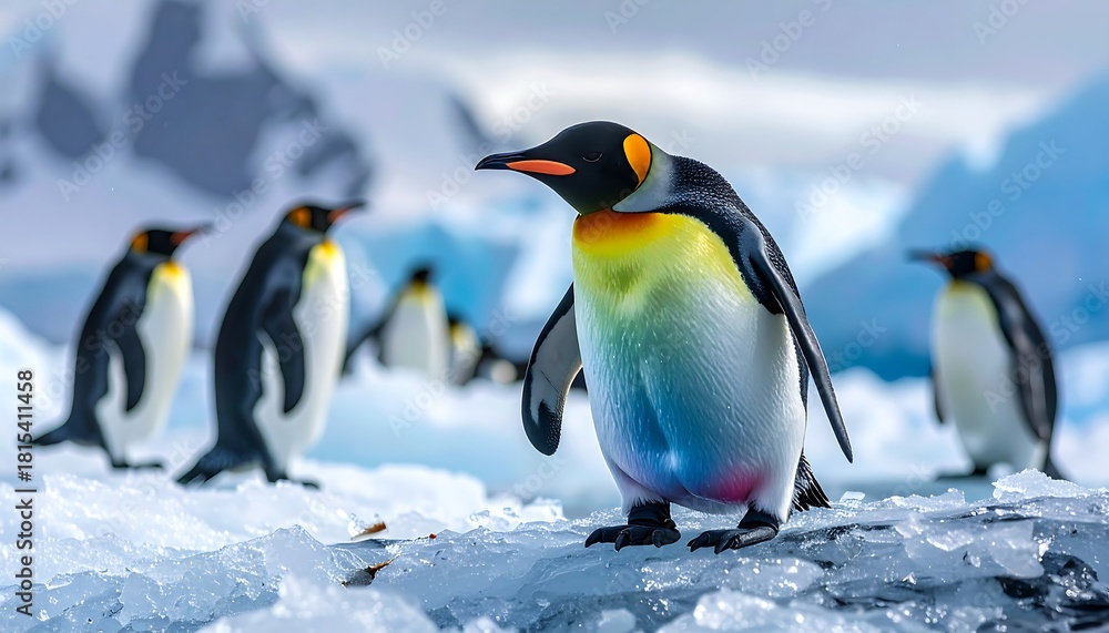Fototapeta premium Group of penguins stand on jagged ice under a cloudy sky with snowy mountains in the background