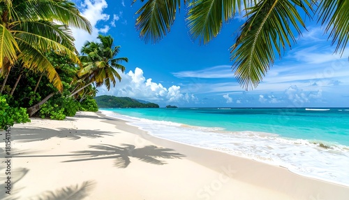 Fototapeta Naklejka Na Ścianę i Meble -  Tropical paradise White sand beach meets turquoise water under palm trees against a clear blue sky