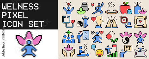Wellness Pixel Icon Set Vector Ideal for gaming, health apps, spa, fitness, or digital art themes requiring a collection of 8-bit health symbols.