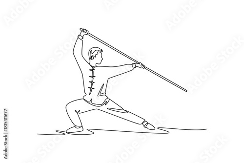 Continuous one line drawing man Wushu athlete poised in deep bow stance, holding staff in defensive and offensive guard. Power, focus, discipline. Single line draw design vector graphic illustration