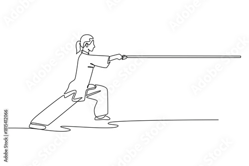 Continuous one line drawing woman Wushu athlete poised in deep bow stance, holding staff in straight forward thrust. Discipline, strength and focus. Single line draw design vector graphic illustration