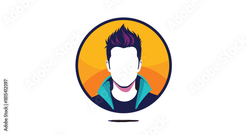 Stylized avatar of a man with spiky purple and black hair and a teal collar on a white background.