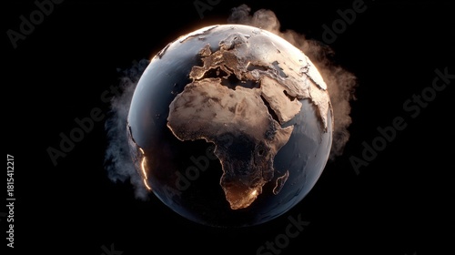 Earth Globe With Golden Light Reflection Over Africa and Smoke Highlights on Black Background for Environmental Concept
