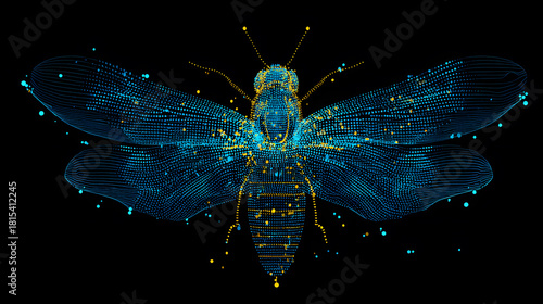 Digital Wireframe Insect with Luminous Particles