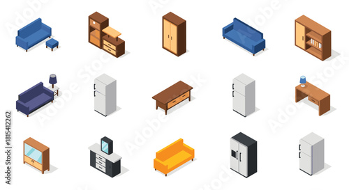 Isometric collection of various furniture items for interior design and home staging.