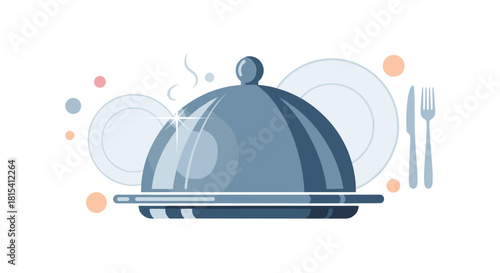 A silver serving dome sits on a platter with plates and silverware in the background.