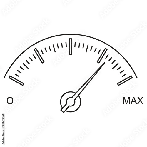 Simple black and white illustration of a gauge with a needle pointing forward,Performance indicator speedometer gauge icon for data metrics