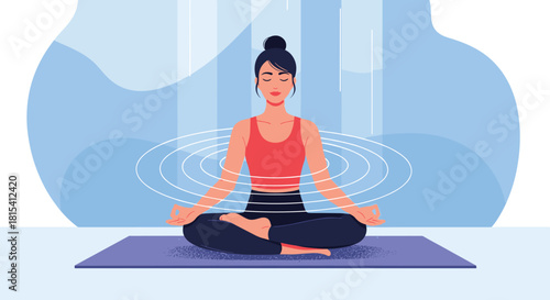Woman meditating in a tranquil environment with radiating energy waves.