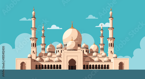 A digital illustration of a grand mosque with multiple domes and tall minarets under a blue sky.