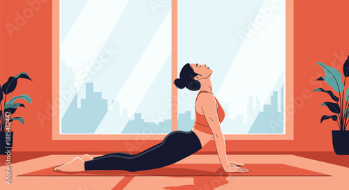 Woman performing cobra pose yoga on a mat in a brightly lit room with plants.