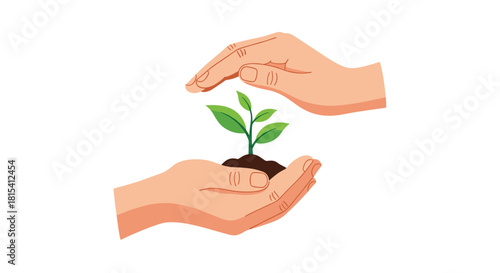 Two hands carefully cupping a small green plant growing from a clump of soil.