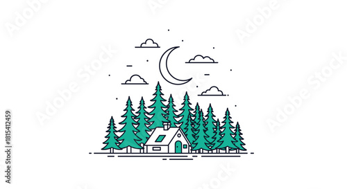 Minimalist illustration of a cozy house nestled amongst pine trees under a crescent moon.
