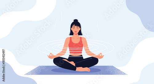 A woman meditates peacefully on a yoga mat with concentric circles around her body.