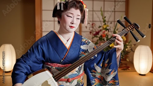Geisha Playing Traditional Japanese Shamisen Instrument in Traditional Room