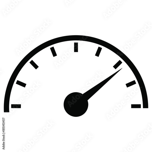 Simple black and white gauge illustration showing speed or measurement indicator,Performance indicator speedometer gauge icon for data metrics