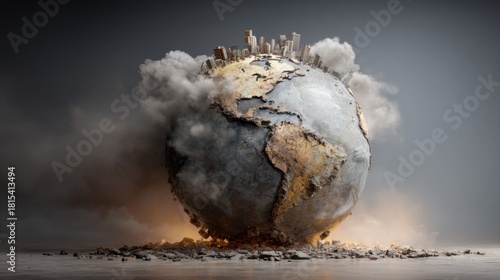 Surreal Artistic Representation of Earth with Burning Cities and Dramatic Clouds in a Dark Environment