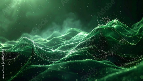 Abstract green wave landscape with light particles and smoky haze, creating depth and a serene atmosphere