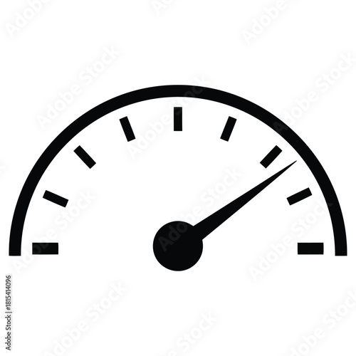 Simple black and white gauge illustration showing a needle pointing to a value,Performance indicator speedometer gauge icon for data metrics