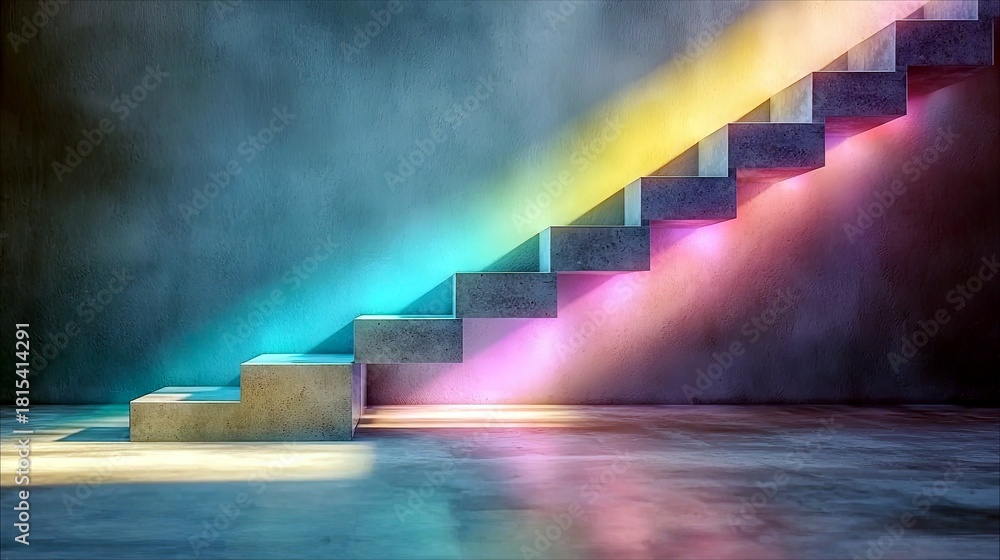 Fototapeta premium A concrete staircase ascends diagonally across a dark, textured wall, bathed in colorful light beams of yellow, green, blue, and pink.