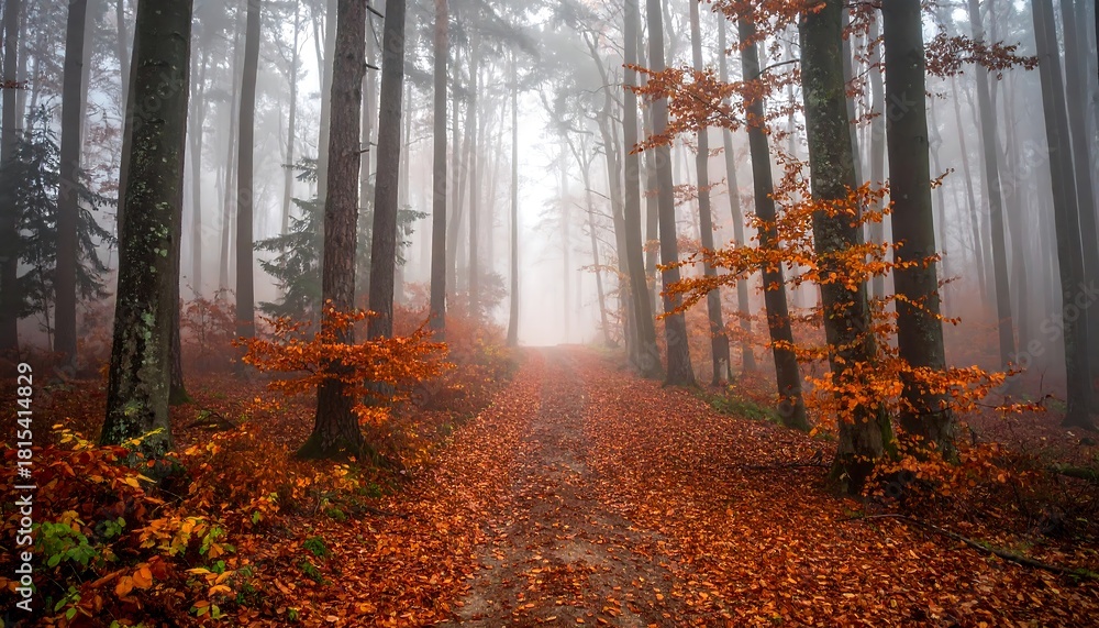 Obraz premium Foggy forest path covered in vibrant autumn leaves, framed by tall trees with mist in the background