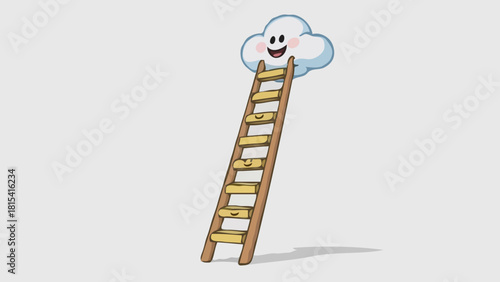 3D business concept: Wooden stepladder climbing to the sky through the clouds of success and opportunity