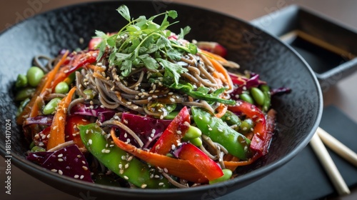 Freshly Prepared Soba Noodle Salad with Colorful Vegetables and Garnish in a Stylish Bowl Ready to Enjoy