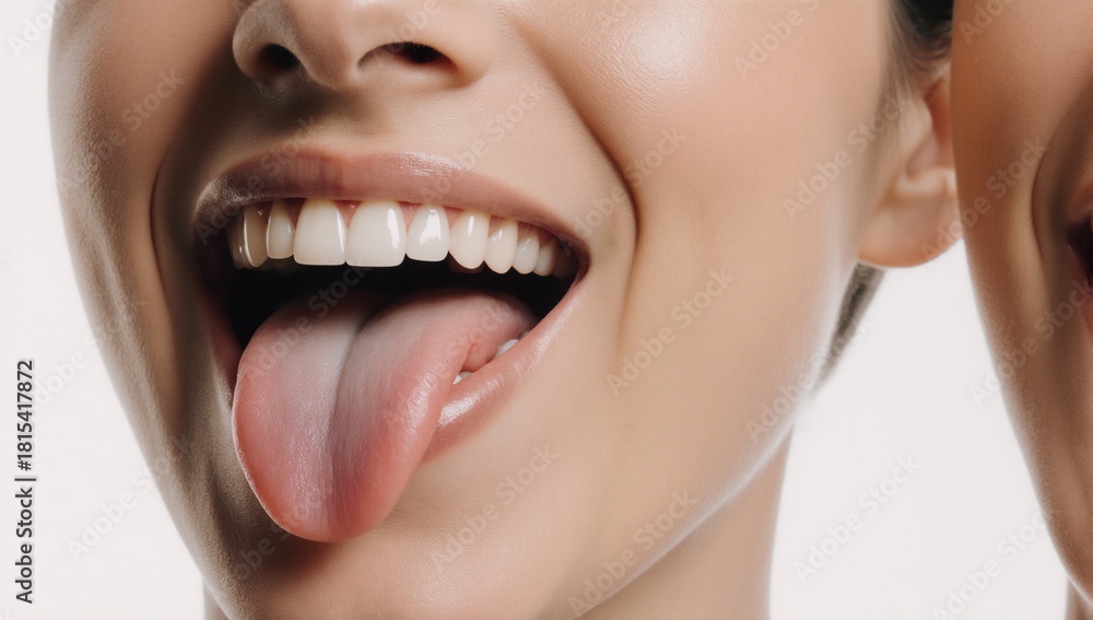 Obraz premium Close-up shot of a womans open mouth showcasing her tongue and teeth against minimalist backdrop ideal for medical or dental imagery