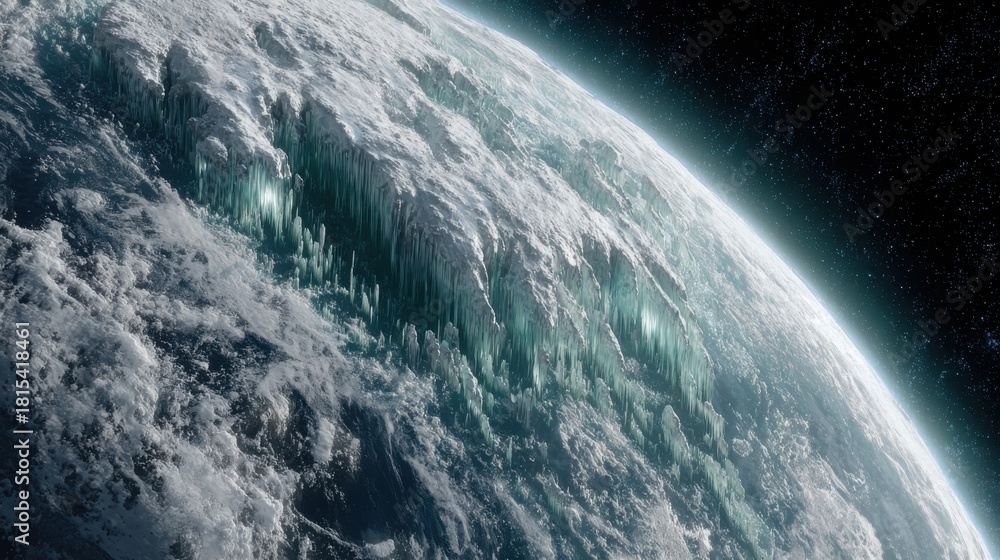 Fototapeta premium Detailed view of an icy planet with unique surface features, showcasing frozen landscapes and mysterious formations in space