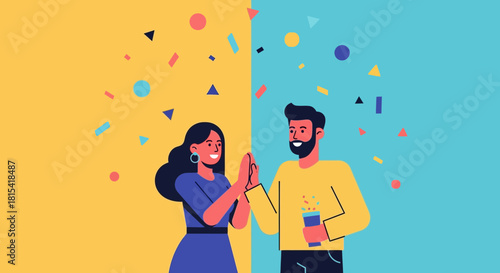 Energetic team celebrates achievement with confetti shower, fostering collaboration and success in a vibrant, modern workspace perfect for business ventures