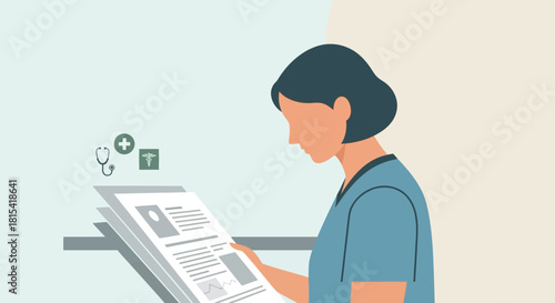 Dedicated nurse attentively reviewing medical reports for patient care and professional development, embracing knowledge and precision in healthcare settings