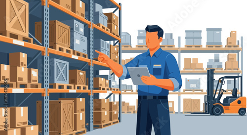 Warehouse inventory manager with tablet overseeing boxes, modern shipping logistics, supply chain efficiency, distribution center operations, storage solutions
