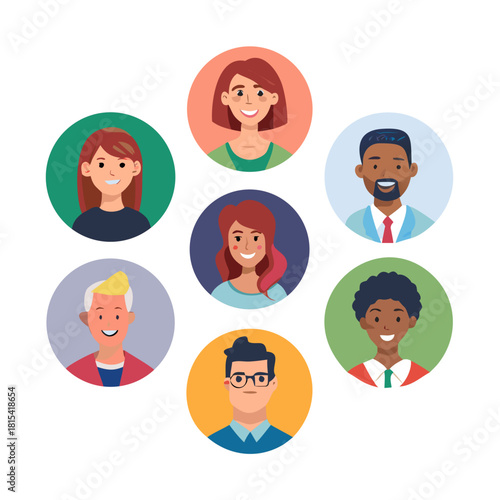 Set of diverse people avatars. Collection of multiracial male and female faces. Circle profile picture icons for social media or business team. Happy characters vector ... See More