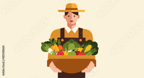 Happy farmer with fresh harvest of fruits and vegetables, showcasing the beauty of local organic farm produce in a modern, eye catching style