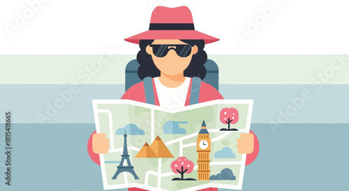 Adventurous traveler with a stylish hat planning a trip to iconic landmarks using a detailed map, perfect for travel blogs and destination guides