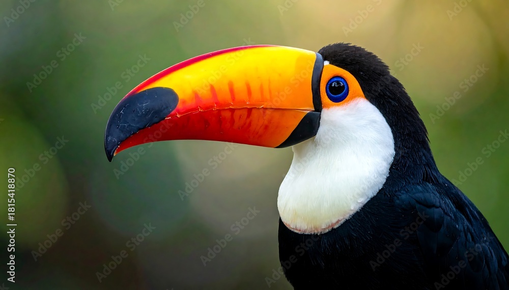 Naklejka premium Colorful toucan portrait with vibrant orange beak against a softly blurred green bokeh background