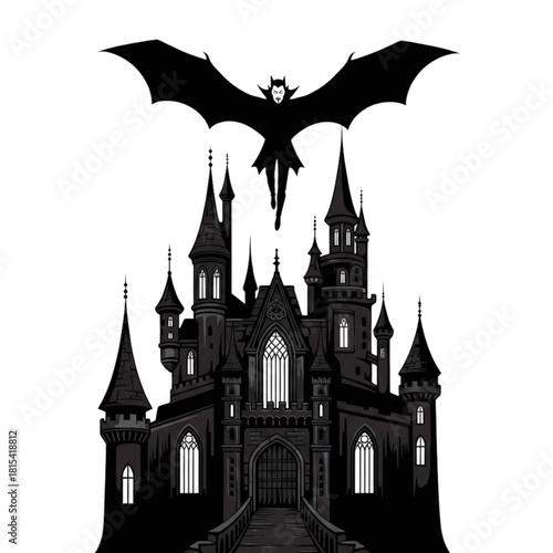 Black Silhouette of a Vampire Flying Over a Castle on Transparent Background for Gothic, Horror, and Halloween Designs.svg