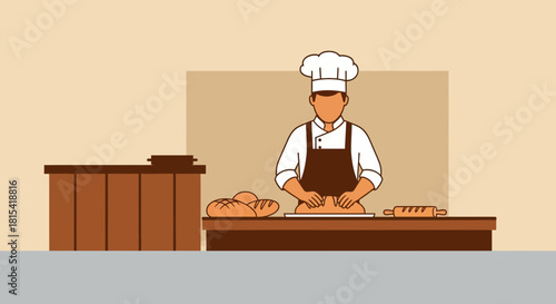 Baker skillfully kneading dough for artisan bread, handcrafted baking experience, culinary arts illustration, perfect for food blog or bakery promotion
