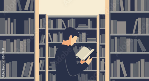 Man engrossed in captivating book amidst towering bookshelves, a scene of quiet focus and intellectual pursuit for education and library concepts