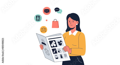 Stylish woman with catalog showcasing modern lifestyle products and services, inspiring ideas for home decor and fashion with convenient online communication tools