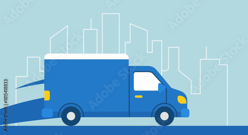 Fast delivery truck speeding through city for efficient service, perfect for logistics, moving, or e-commerce promotions, originally a scalable graphic